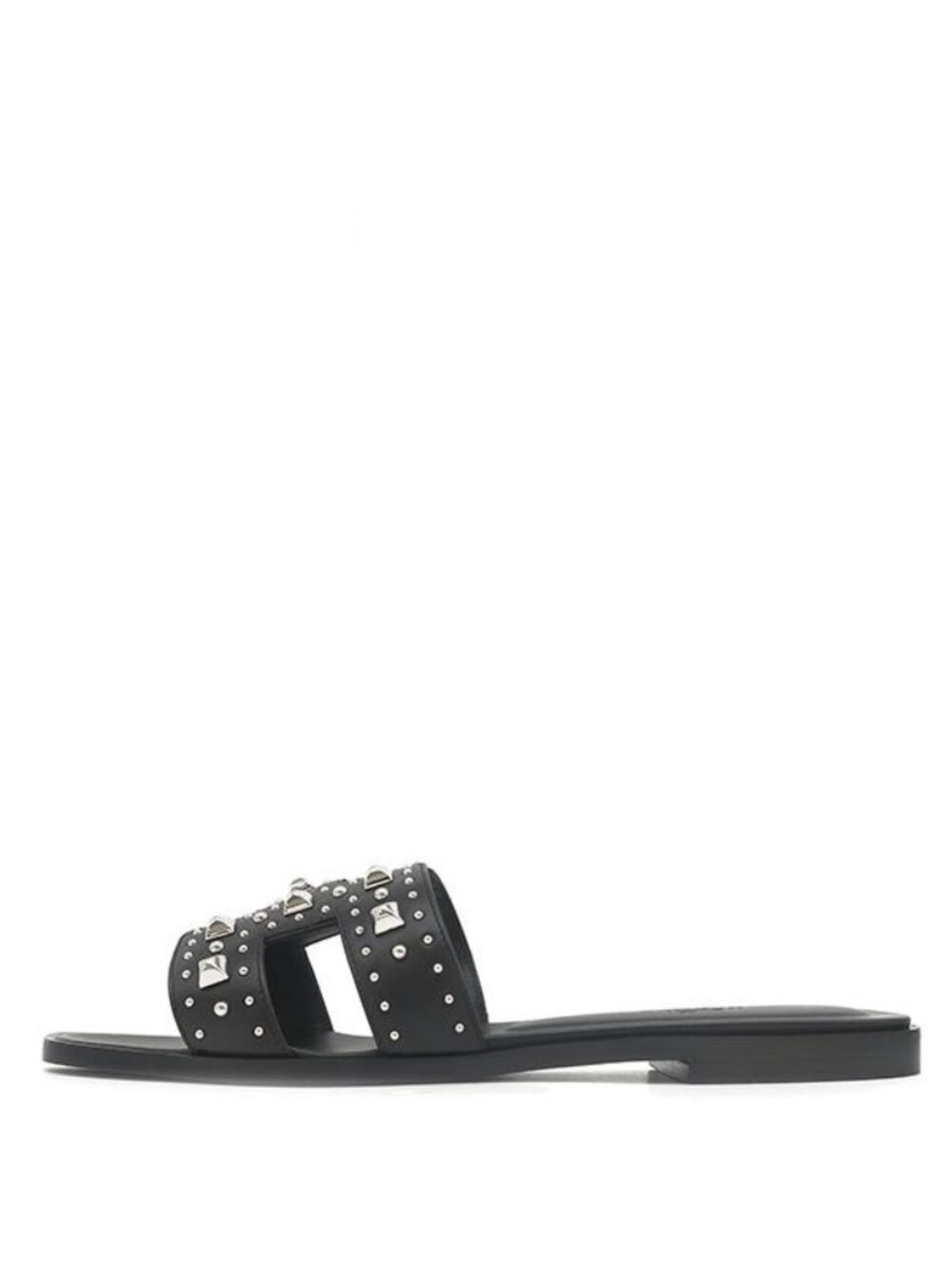 Hermes Sandals Oran Studs 38 Calf Black 38 Silver H Shape Flats